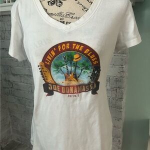 Joe Bonamassa District White V-Neck Tee with Tropical Music Graphic